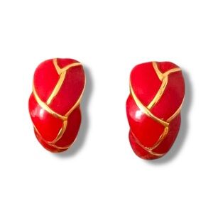 Red and Gold Earrings Vintage Enamel Clip On